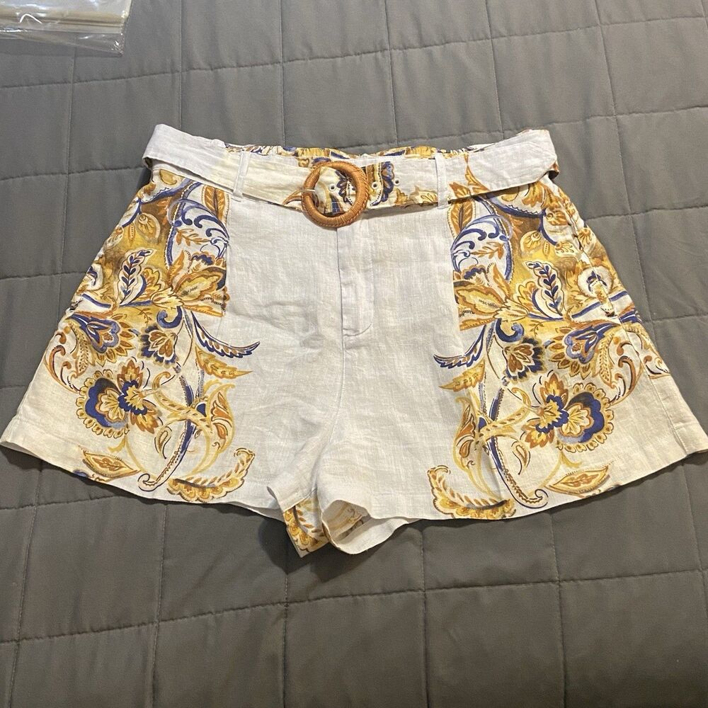 Joie Linen Blend Shorts XL Paisley Baroque Print Ivory Blue Belted Women’s
